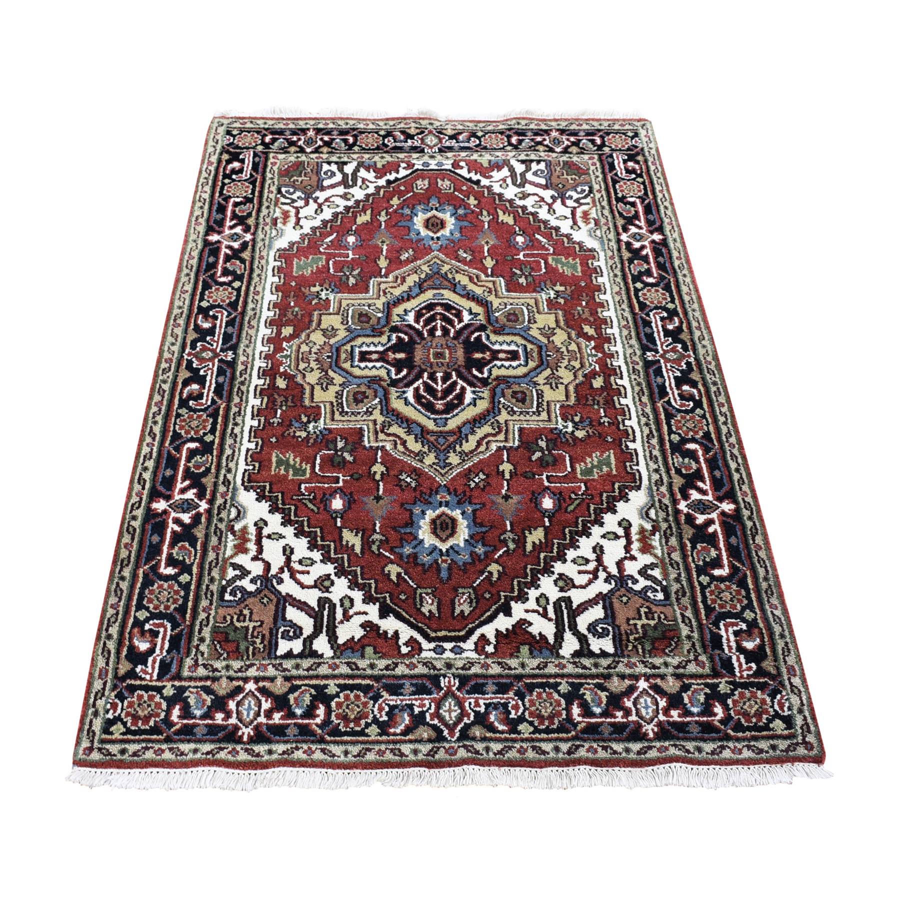 3'10"x6'1" Rich Red, Heriz Revival with Large Medallion Design, Thick and Plush Hand Knotted Pure Wool, Oriental Rug 